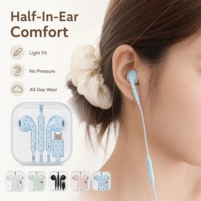 Earphone Tipe C Polka-dot Bint - Wired Earphone Mic ulasan dan harga